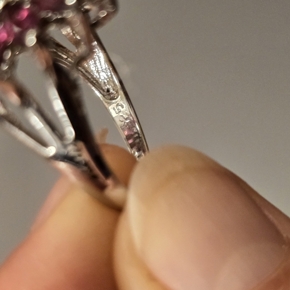 Natural Rhodolite 6x3mm & Sapphire 925 Sterling Silver Sunflower Ring Sz 8 - Picture 10 of 10